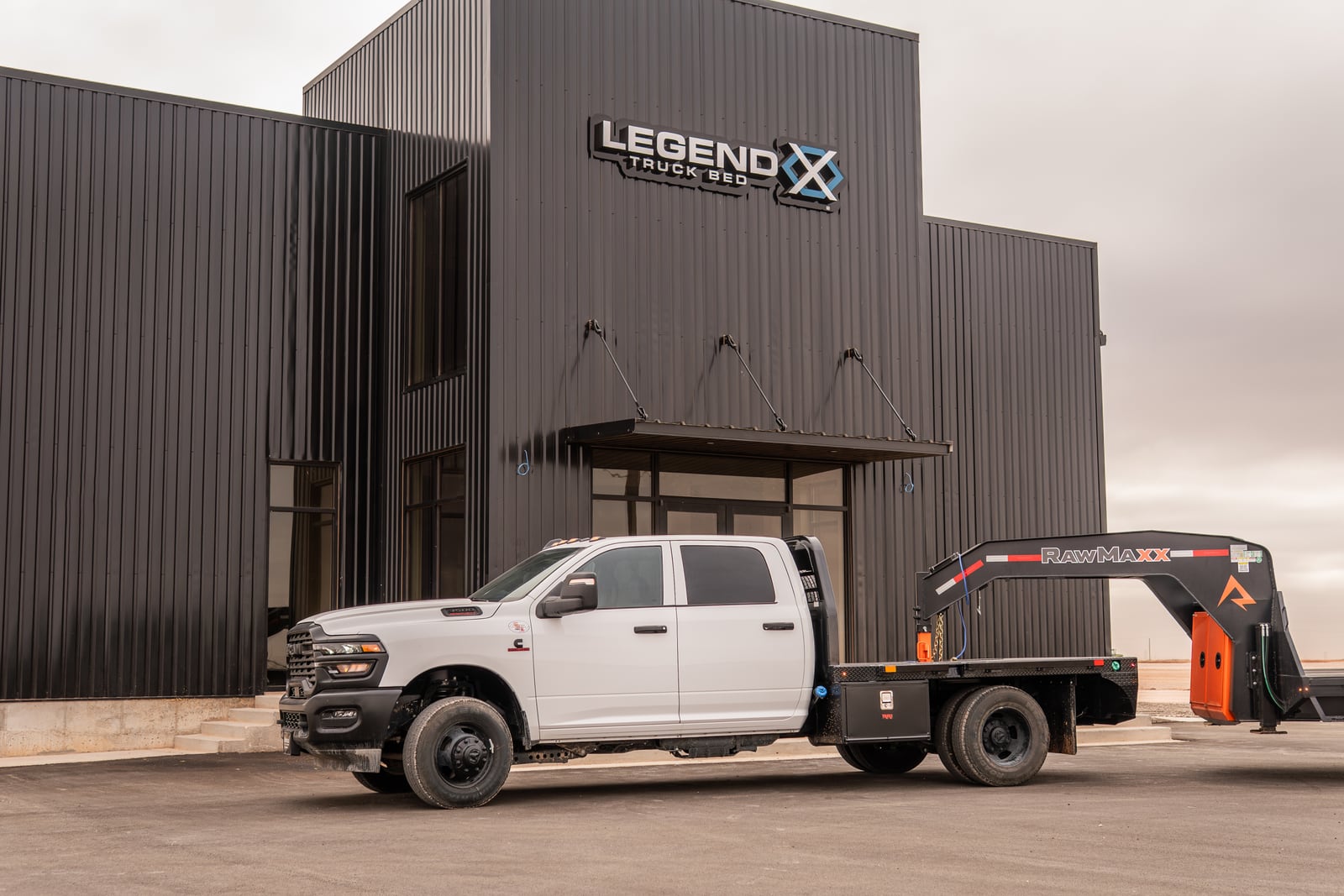 Legend X Spartan work truck parked in front of the Legend X headquarters.