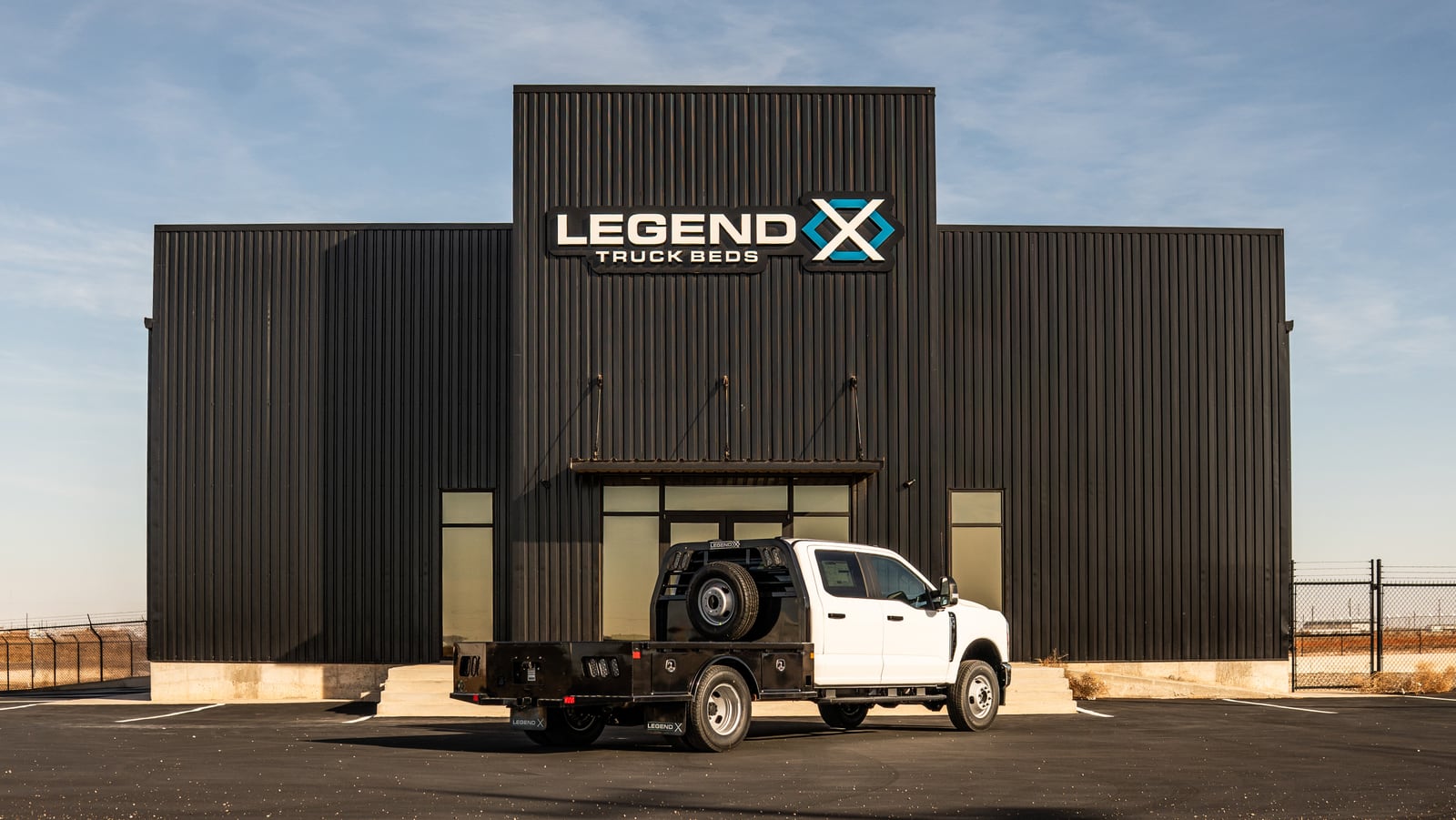 Legend X Viking flatbed parked in front of the Legend X headquarters.